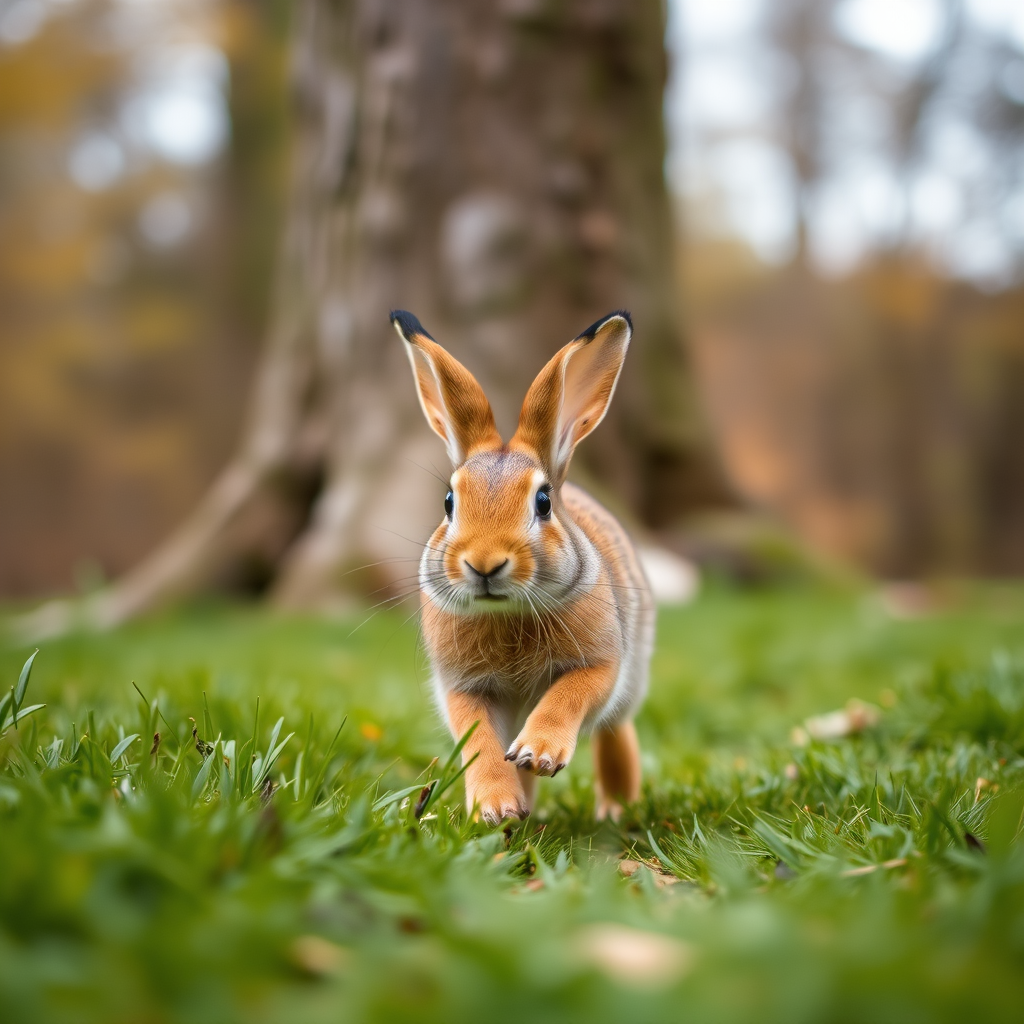 a rabbit running towards a tree