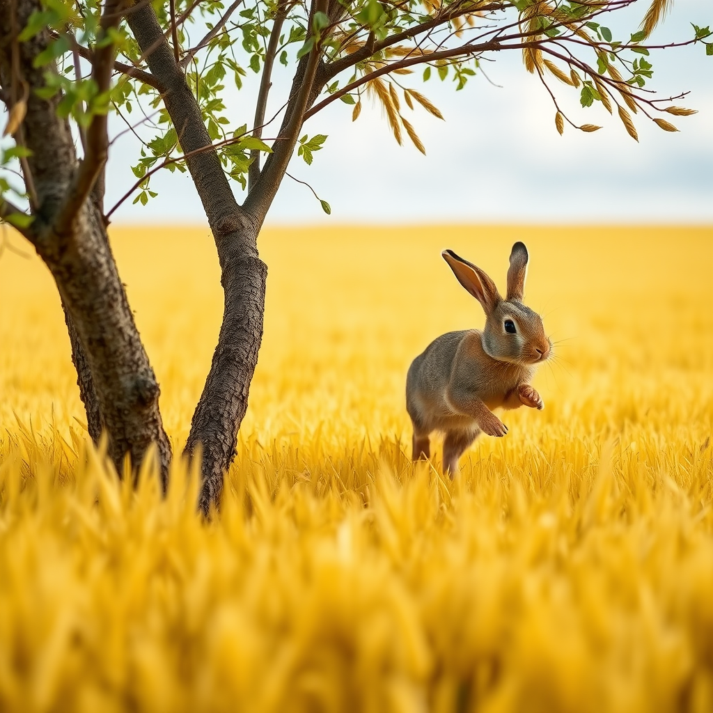 The background is a yellow wheat field, with a rabbit running and crashing into a tree. - Image