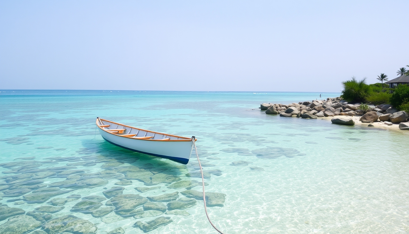 A tranquil beach with a glass-bottomed boat floating over a coral reef.