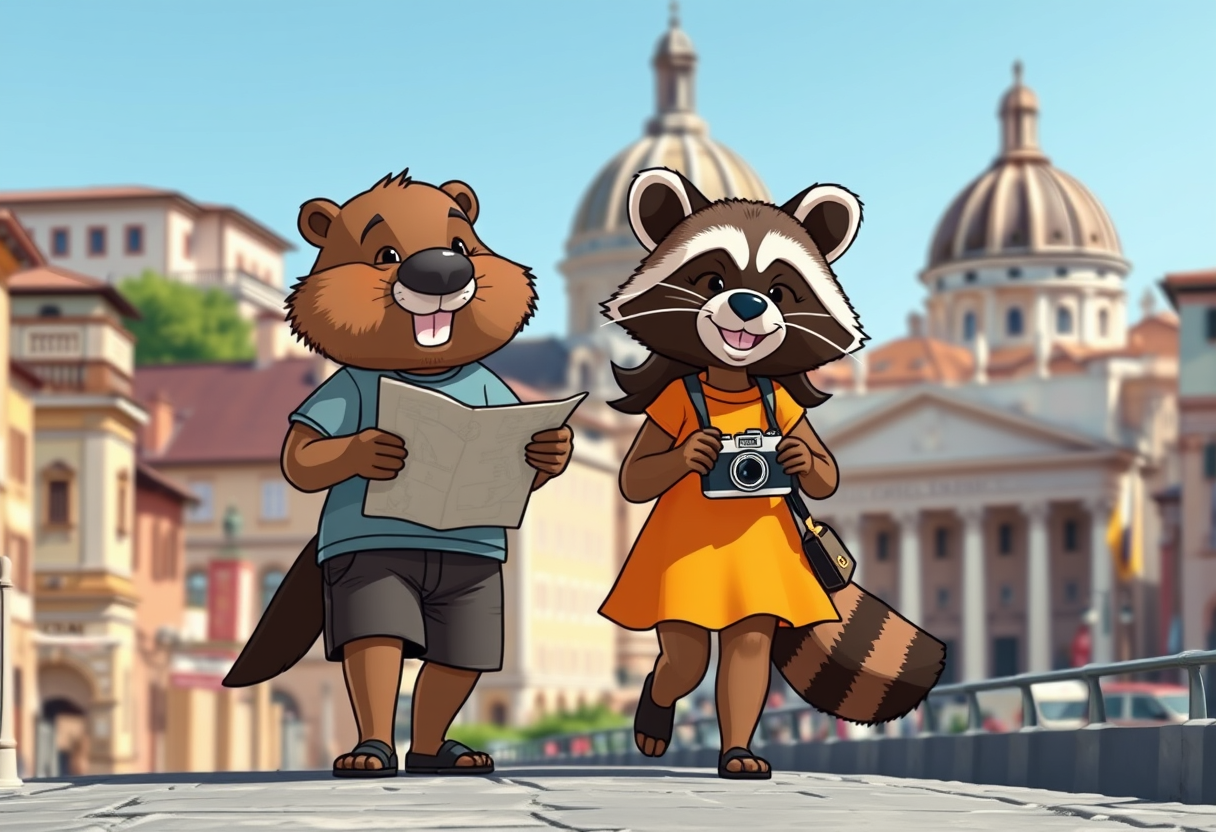 Create a charming scene where a beaver guy dressed in shorts and a t-shirt and a raccoon girl dressed in a bright dress, both smiling, casually strolling through the picturesque streets of Rome. The beaver should hold a map, eagerly pointing out landmarks, and the raccoon should carry a small camera, filming their adventures. The duo should look cheerful and curious, enjoying their whimsical journey together. Surround them with iconic Roman elements. The vibrant colors of the historic buildings should complement the lively atmosphere. This photo should evoke a sense of wonder, camaraderie, and playful exploration in one of the most beautiful cities in the world. Chibi Style, Photorealism.