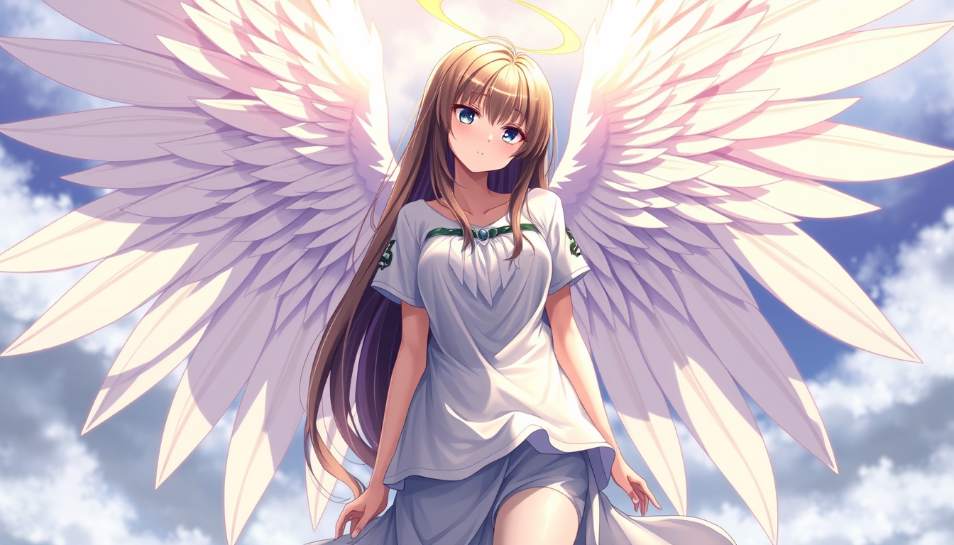 Anime art of a motherly angel with huge wings, long hair, clothes, natural reflective, detailed body, standing, wallpaper anime background, stunning details, anime artwork, illustration quality, windows wallpaper download.