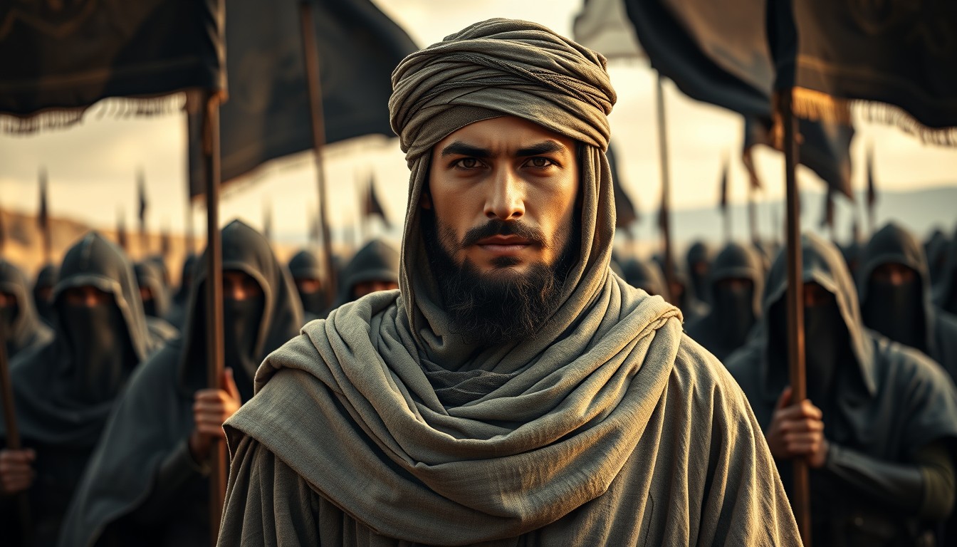 Full-view photoreal portrait of a young Muslim commander wearing modest biblical cloak-turban clothes standing behind the great Muslim warriors with a leader expression. The medieval Muslim warriors are wearing veils and holding black banners, guarding him in open land. The "Conquest of Jerusalem Has Come" movie theme, powerful, movie GFX, ambient lighting, dreamy glow, form lighting, photography, photorealistic, cinematic, alpha.