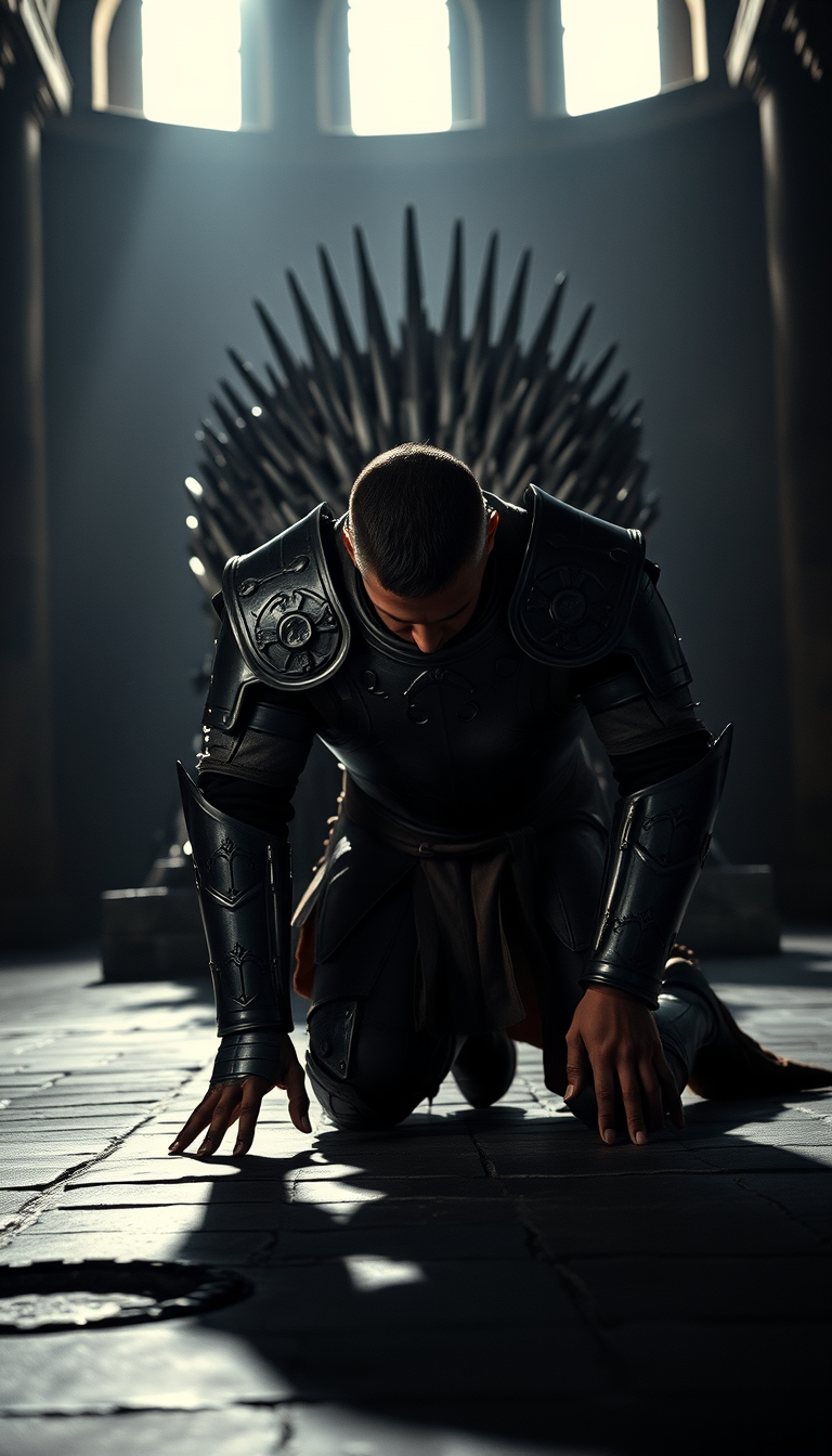 Subject: A handsome and muscular king in full plate armor, positioned on all fours facing the Iron Throne (which is to the back of the shot and not the focus), his head bowed to the ground in prayer.  
Lighting: Dramatic chiaroscuro lighting, with a single light source illuminating the king from behind, casting long shadows that stretch towards the Iron Throne. The scene should have an overall somber and reverent mood.  
Background: The Iron Throne should be slightly out of focus in the background, hinting at its presence and power but not distracting from the king in the foreground. The setting should be a dimly lit, vast hall with stone walls and high, vaulted ceilings, conveying the grandeur and solemnity of the location.  
Details: The king's armor should be highly detailed, showcasing the craftsmanship of the era, with intricate engravings and perhaps some battle damage to hint at his experiences. Focus on the texture of the cold, hard metal against the rough stone floor.  
Composition: The camera angle should be low, looking up at the king to emphasize his vulnerability and submission despite his powerful physique and position.  
Overall Style: Aim for a hyperrealistic, cinematic style, reminiscent of historical epics. The image should feel grounded and authentic, capturing the weight and texture of the scene. - Image