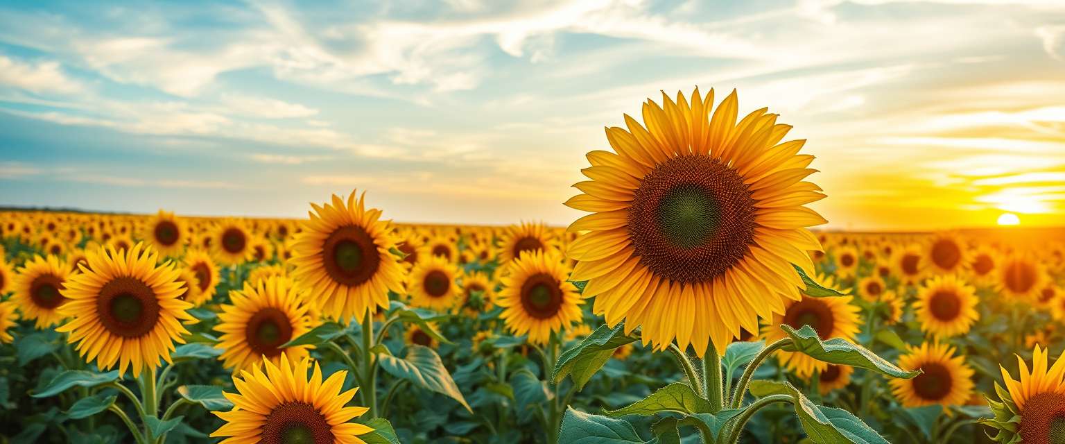 Vibrant, sunflower fields, golden blooms, high quality, photorealistic, summer, cheerful, idyllic, rural, panoramic, breathtaking, blue skies, windblown fields, sunset, floral arrangements.