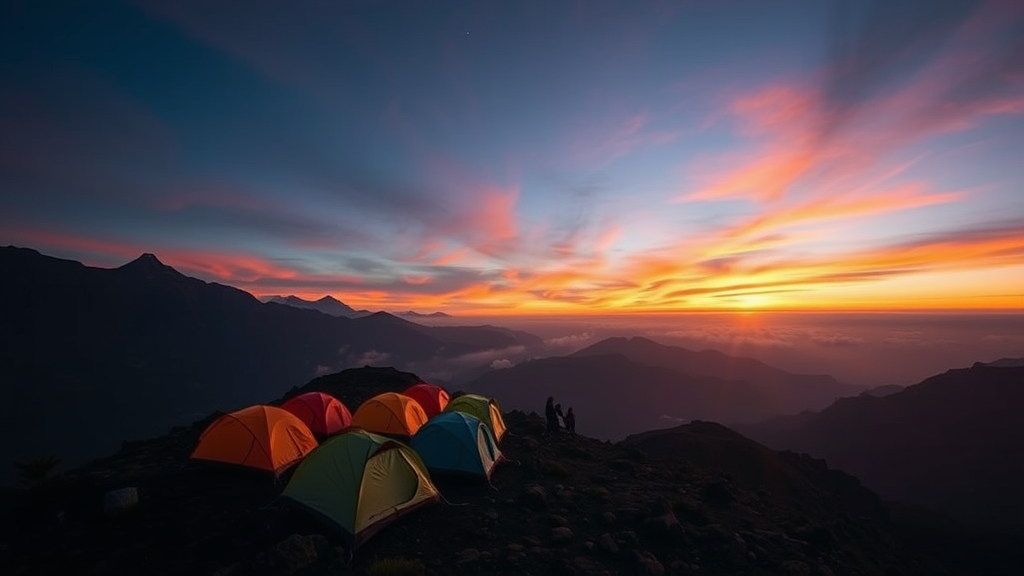 A group of tents set up on the side of a mountain in the middle of, Rudy Siswanto, art photography, flickr contest winner, tents, vibrant sunrise, at sunrise, trending on 500px, trending on 5 0 0 px, during dawn.