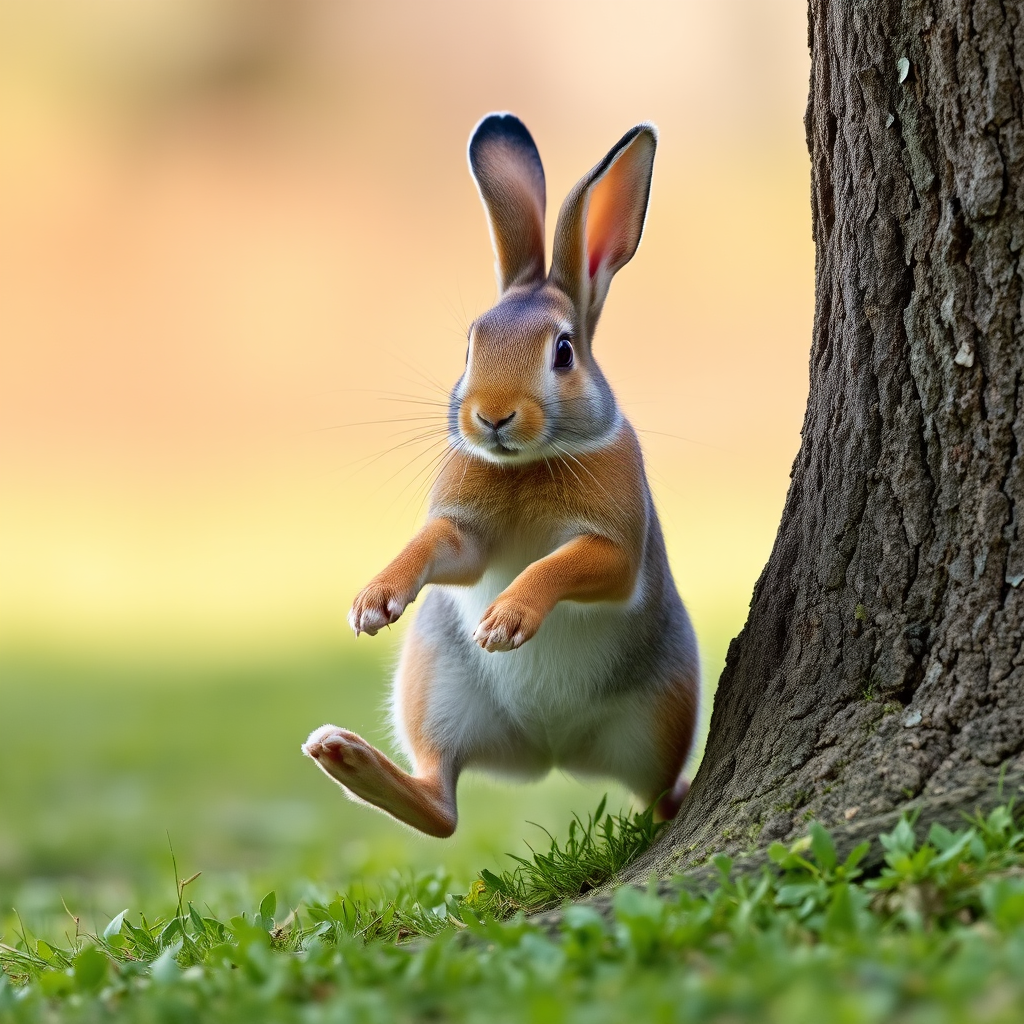 The rabbit is in a jumping state, with its head bumping into the tree.