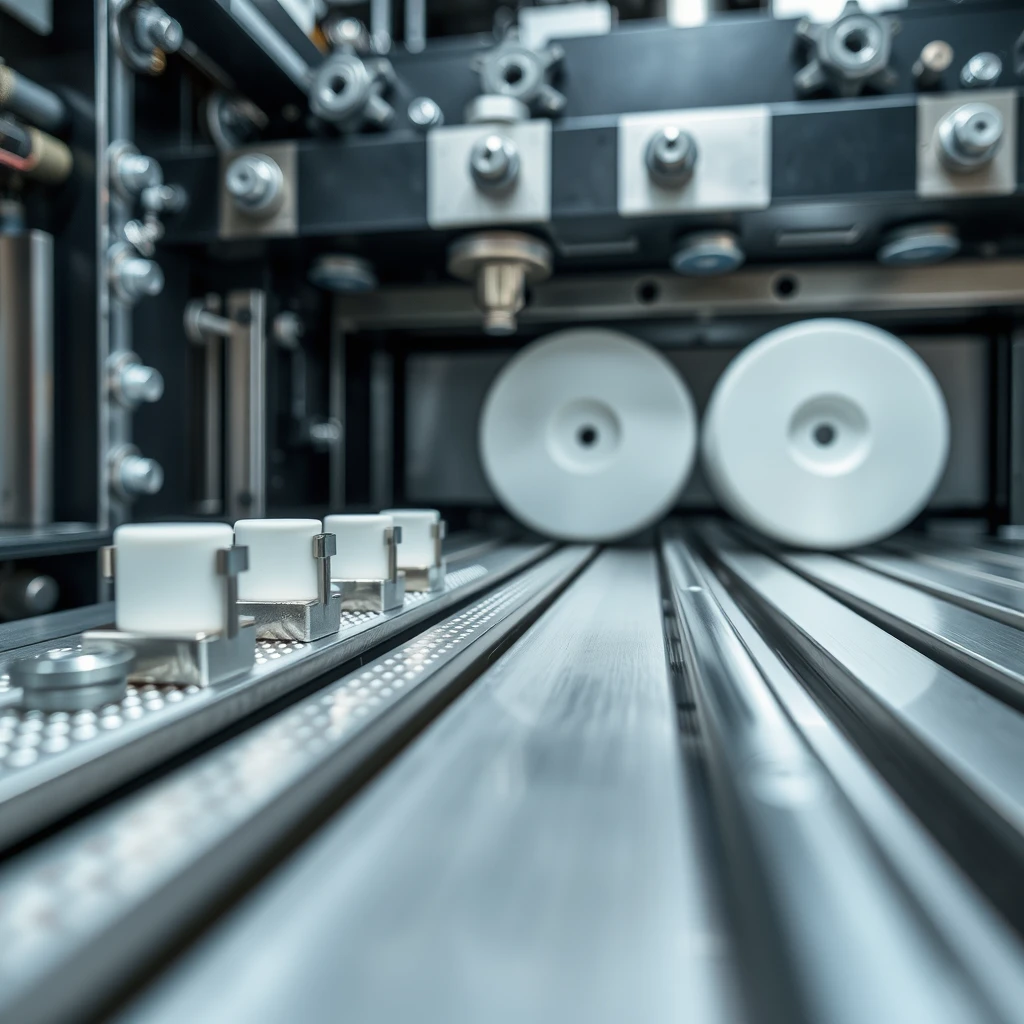 "Close-up photograph of an industrial or laboratory apparatus, likely a testing or manufacturing machine. Key features:

Foreground:

Metal rails or tracks with small perforations running horizontally
Small white cylindrical objects (possibly test samples or components) placed on the tracks
Metallic clamps or holders visible on the sides of the tracks

Mid-ground:

Two larger white cylindrical objects, possibly test specimens or machine parts
These are held in place by metal fixtures from above

Background:

Black metal frame or structure visible at the top of the image
Large bolt heads and nuts clearly visible
Metallic surfaces with a brushed finish, reflecting light

Overall composition:

Sharp focus on the central elements, with slight depth of field
High contrast between the white components and metallic surfaces
Industrial color palette dominated by silver, white, and black tones

Lighting:

Bright, directional lighting highlighting the metallic surfaces
Creates subtle shadows and reflections on the polished metal parts

Texture details:

Fine machined surfaces visible on metal parts
Smooth finish on the white cylindrical objects

Technical aspects:

Precision engineering evident in the alignment and fitting of components
Multiple layers of machinery visible, suggesting complex functionality

Overall mood: Clinical, precise, and highly technical, indicative of sophisticated industrial or scientific equipment."