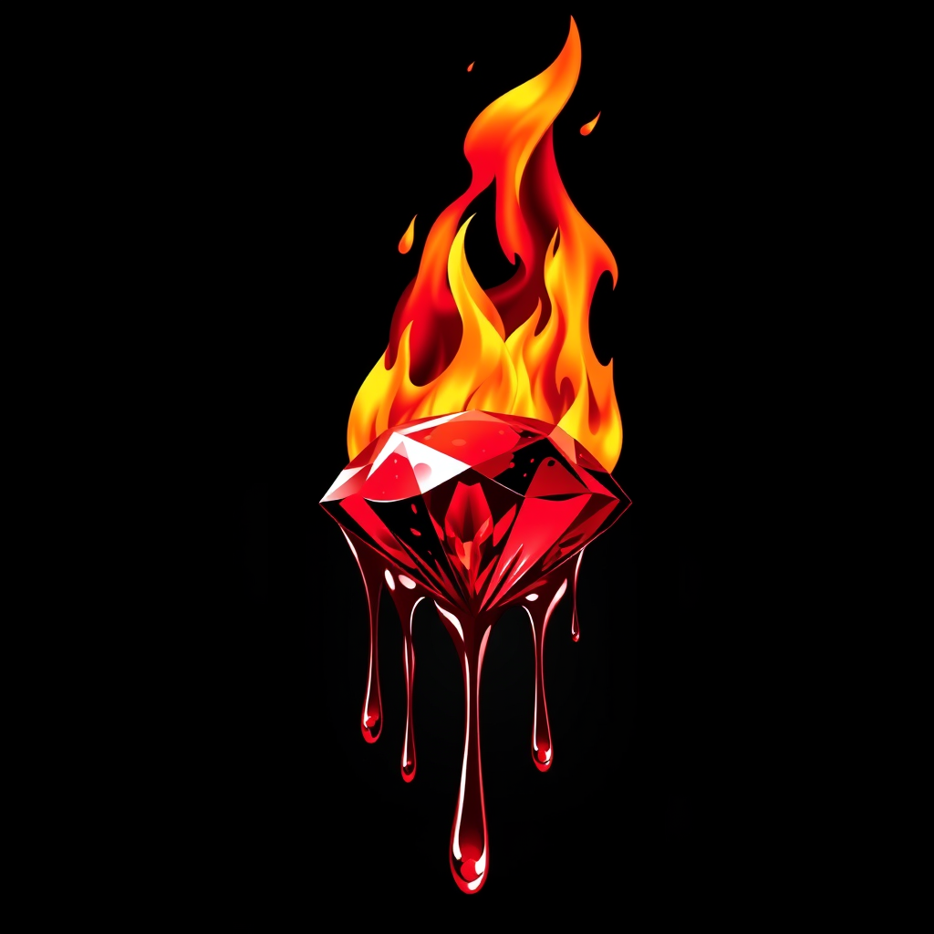 A tee shirt design of a beautiful ruby on fire with beautiful liquid red ruby dripping with flames. Striking and otherworldly on a transparent background.