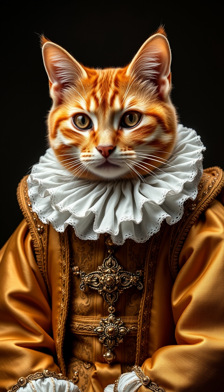 Cat, orange tabby, renaissance costume, ruff collar, golden robe, studio portrait, noble demeanor, detailed embroidery, ornate jewelry, dark background, regal pose, sharp focus, historical fashion, rich textures. - Image