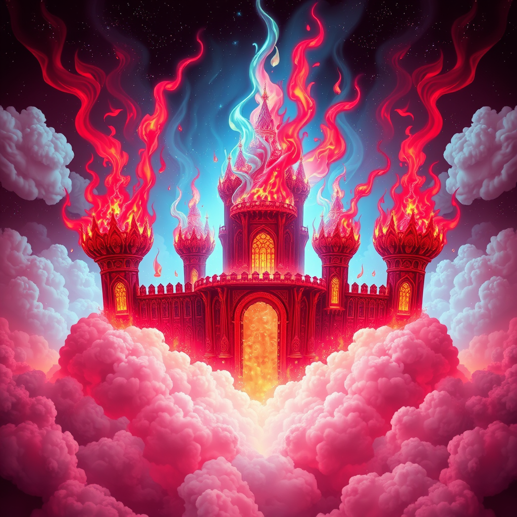 A tee shirt design of a beautiful ruby red kingdom in the clouds on fire with beautiful liquid red ruby dripping with flames. The kingdom has subtle rainbow light embers burning inside. Inside of the kingdom should be reminiscent of beautiful galaxies perfectly blended with chaos. Striking and otherworldly on a transparent background, the flames should have an outline of a beautiful blue ethereal glow. - Image