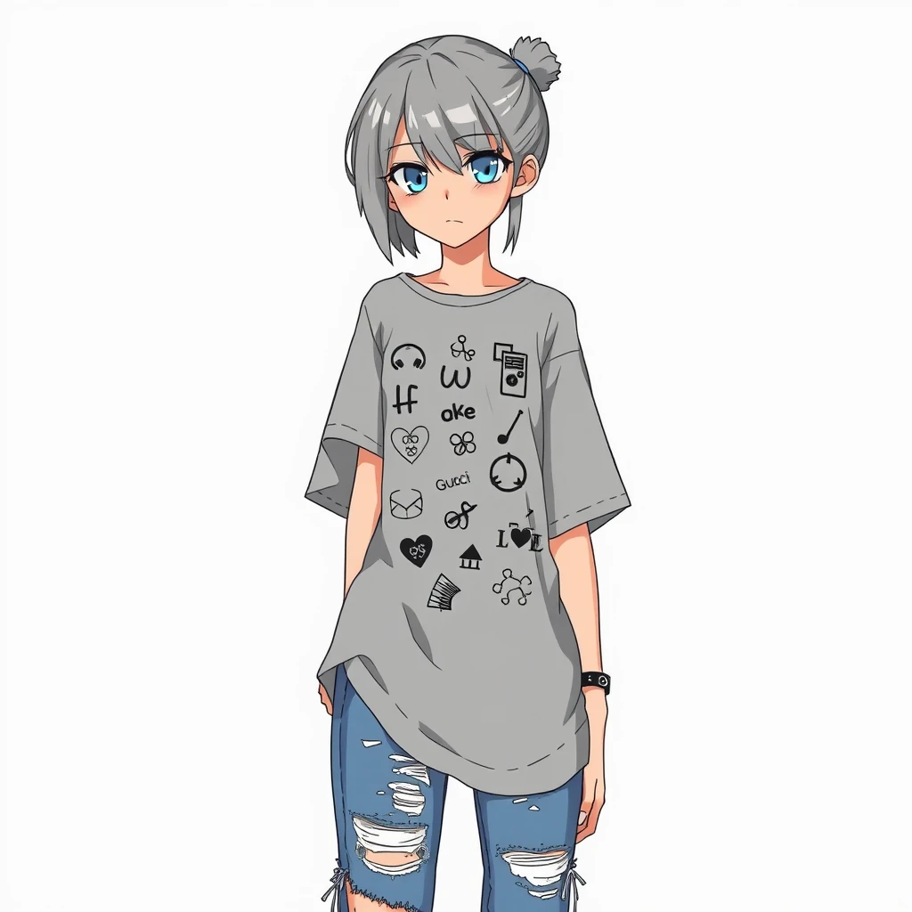 A teenage woman in a grey T-shirt with random symbols, torn jeans, and Gucci sneakers. Appearance: cool grey hair and large blue eyes, an arrogant look. Anime.