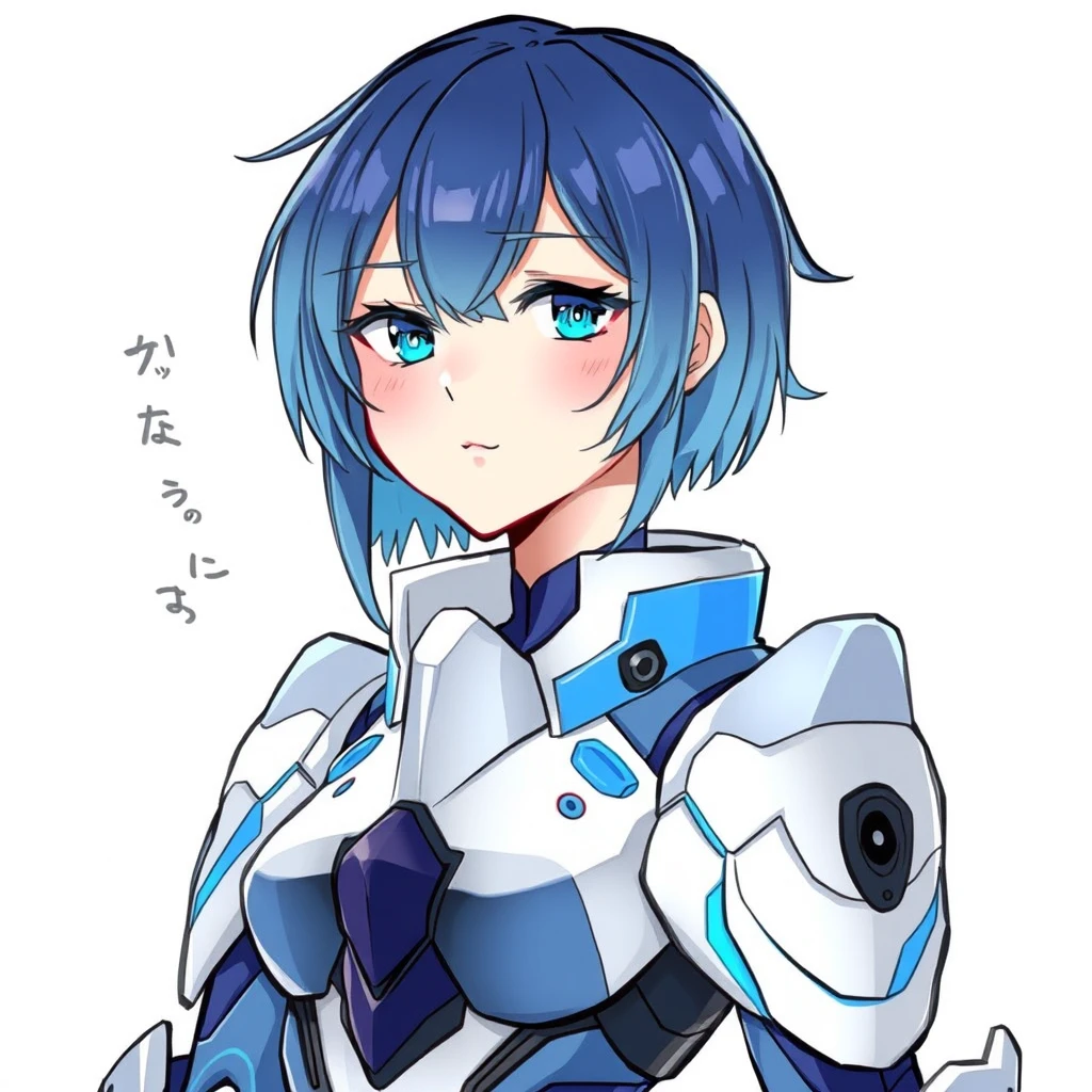 This is an illustration of a character that appears to be a blend of human and robotic features. The character has a humanoid form with a feminine appearance, including blue hair and blue eyes. The character's body is adorned with what seems to be armor or a suit with a predominantly white and blue color scheme, which could suggest a futuristic or cybernetic theme. The design is detailed and suggests a high level of craftsmanship, with a focus on the character's face and the intricate details of the armor.