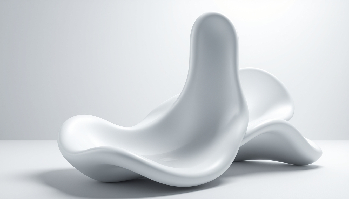 A 3D render of a digital sculpture with smooth, flowing forms, set against a minimalist background with soft lighting.