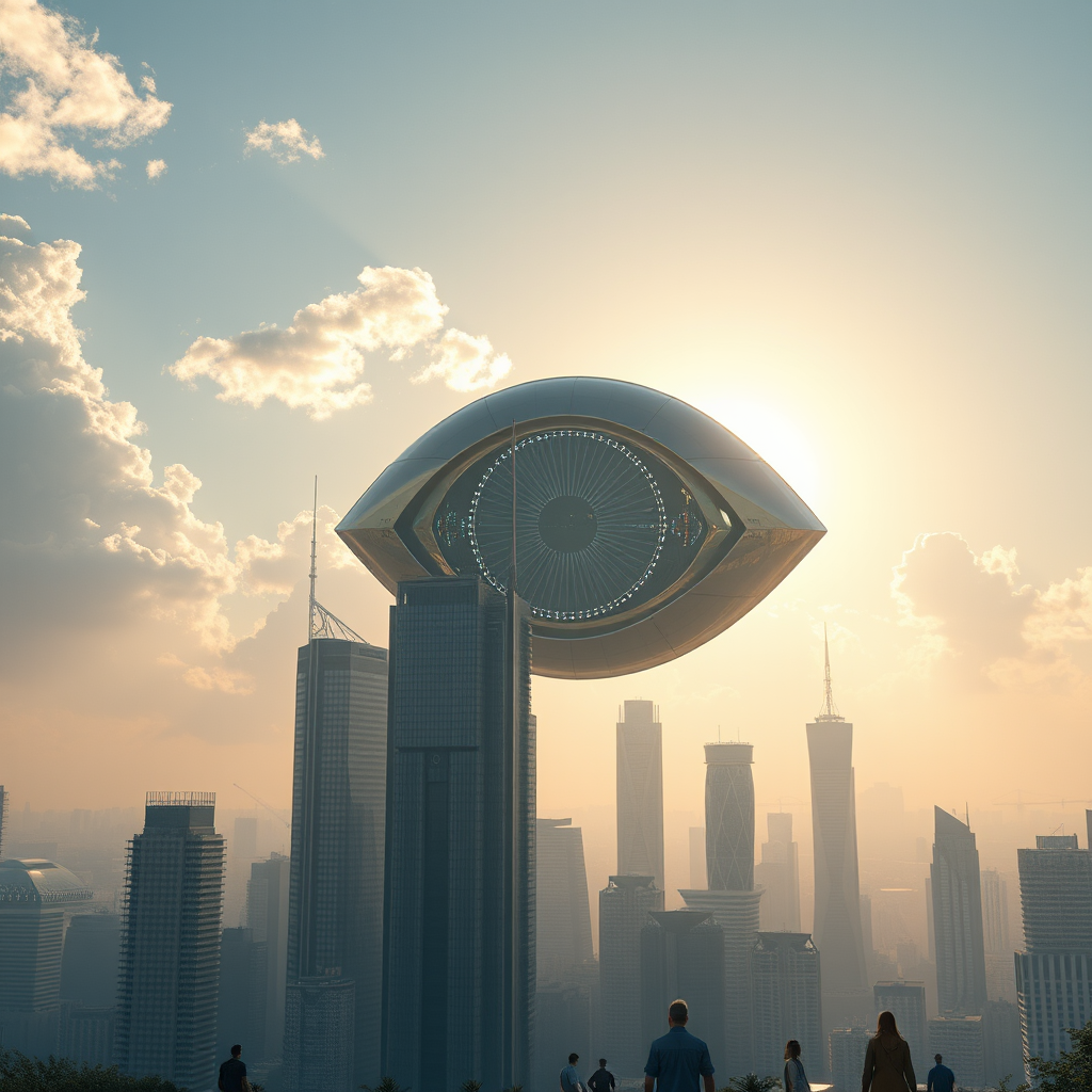 Create a stunning high-resolution image of the city of the future. The skyline should be covered with towering skyscrapers and a laid-back, pleasant atmosphere. The clouds are very beautiful, and the sunlight reflecting off the glass surfaces of the buildings creates an atmosphere of excitement and innovation. An eye-shaped craft in the sky, eye-catching appearance, glowing aperture, full of oppression, futuristic technological metallic sheen, very clear and realistic details, 32K, cool tones, high precision, best quality, masterpiece, ultra clear, ground level humans looking into the sky, elevated view, 3D modeling render, UE5 render, scheme render, clean colors and scene.