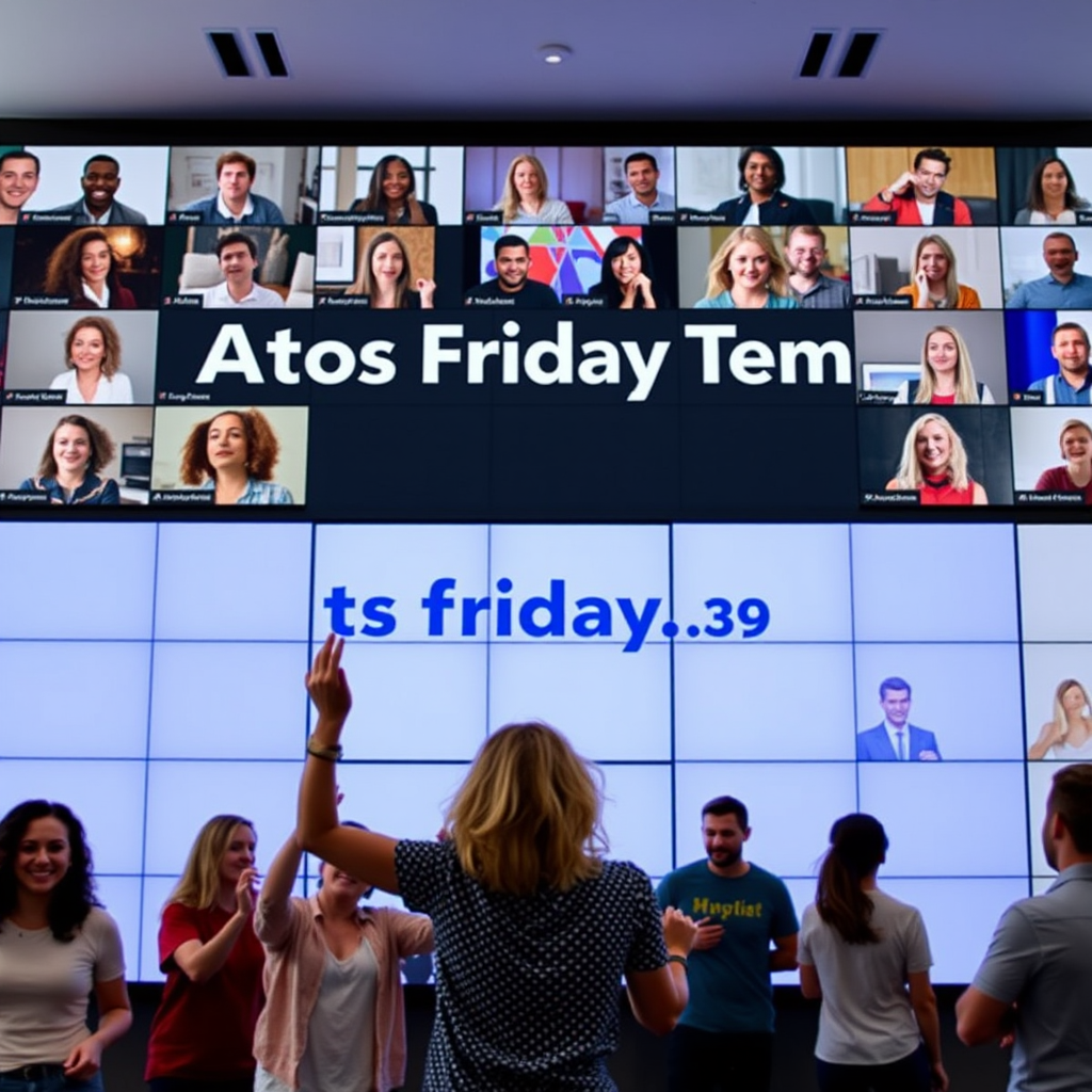 Microsoft Teams meeting with many people takes up a full wall. The title on the screen says "Atos Friday Team." There are people in front of her dancing. One of them is Taylor Swift. - Image