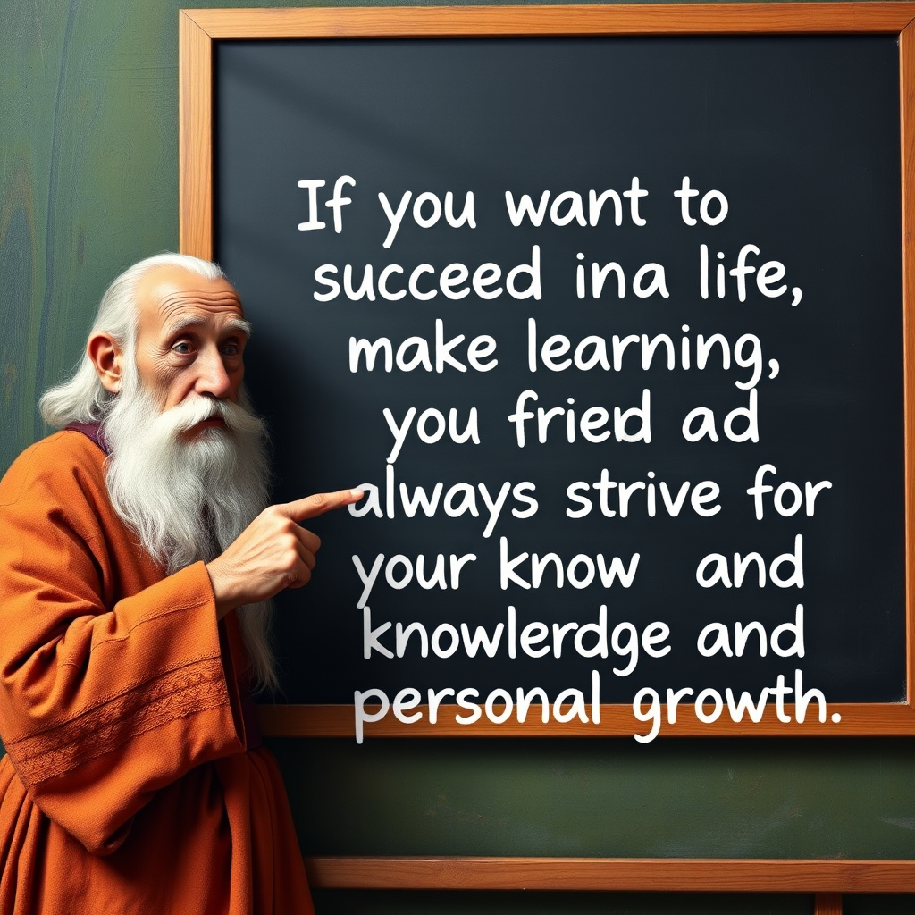 Create an image of an old wise man pointing at a board that writes, "If you want to succeed in life, make learning your friend and always strive for your knowledge and personal growth." - Image