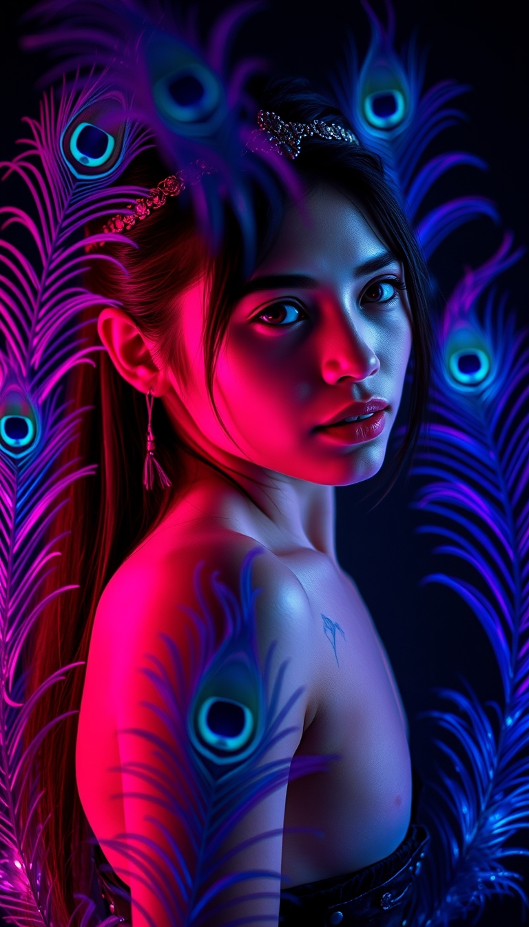 A portrait of a young woman in a dramatic, backlit setting, surrounded by vibrant, colorful peacock feathers. The woman has long, dark hair styled with an ornate headpiece, and a tattoo visible on her exposed back. The feathers are illuminated in shades of pink, blue, and purple, creating a mesmerizing, otherworldly atmosphere. The background is dark, allowing the feathers and the woman's features to be the focal point. Highly detailed, with a sense of movement and energy. Rendered in a photorealistic style. - Image