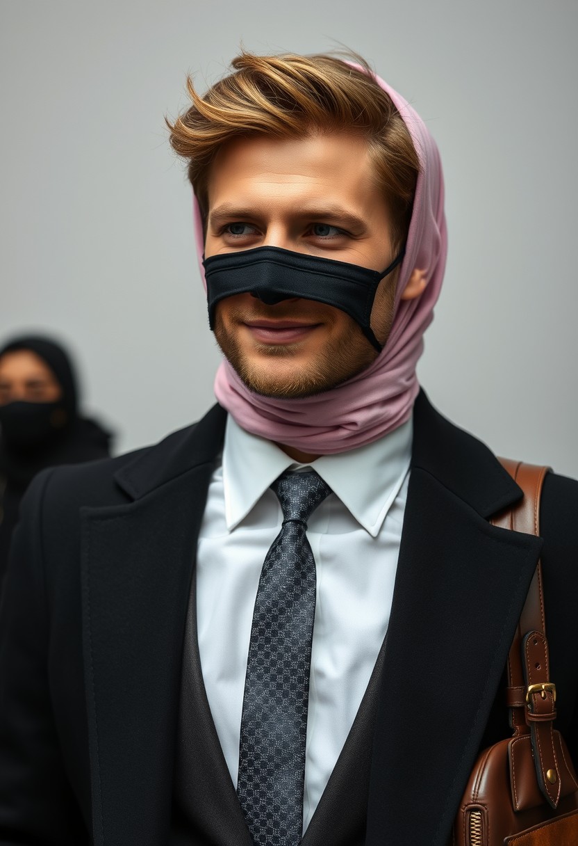 Jamie Dornan's head and body shot, handsome, young, shy smile, white shirt half buttoned, grey patterned tie, black coat suit, leather shoes, leather bag, dating love with the biggest soft pink hijab girl, beautiful eyes, black face mask, biggest floral juba, hyper-realistic, studio photography, full photography.