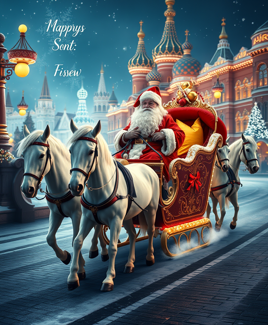 Russian Snow Grandfather rides a festive sleigh, pulled by three white horses through a futuristic Russian city decorated with Christmas lights. - Image