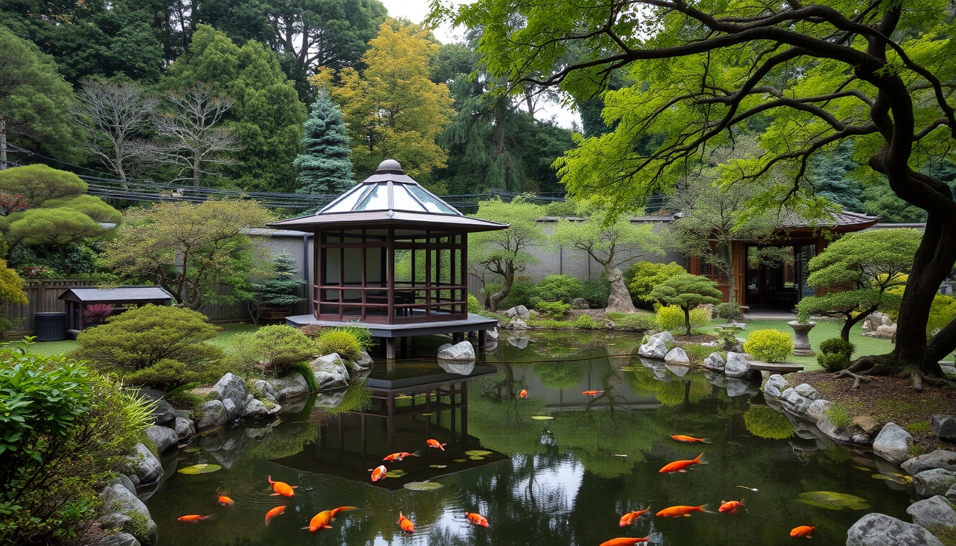 A serene Japanese garden with a glass teahouse overlooking a koi pond. - Image