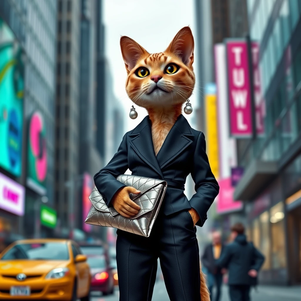 An anthropomorphic muppet cat stands in a busy street, wearing a small black suit and high-waisted pants, holding a metallic clutch bag, sparkling pearl earrings, and a background of skyscrapers and neon lights, showing a strong sense of urban fashion.