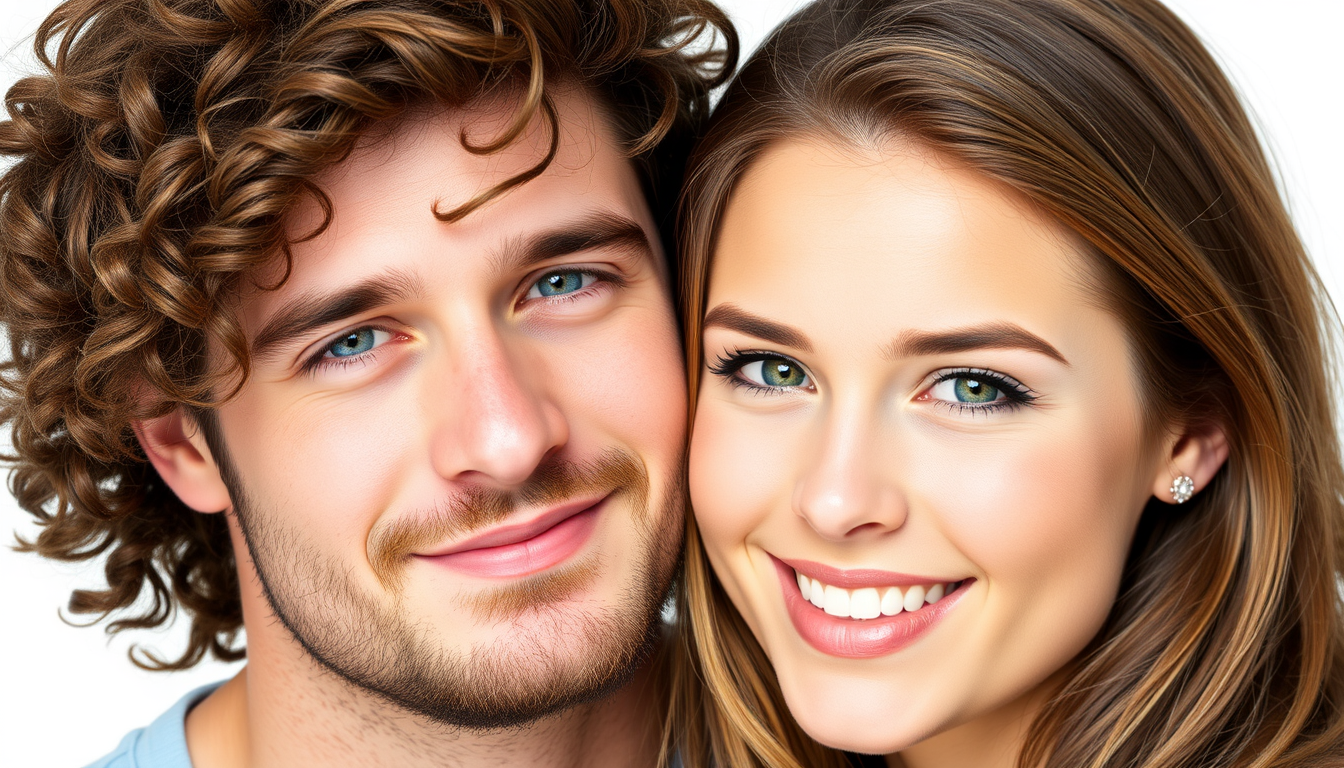 Handsome man and beautiful teenage woman couple from Germany with great hair, against a pure white background. - Image