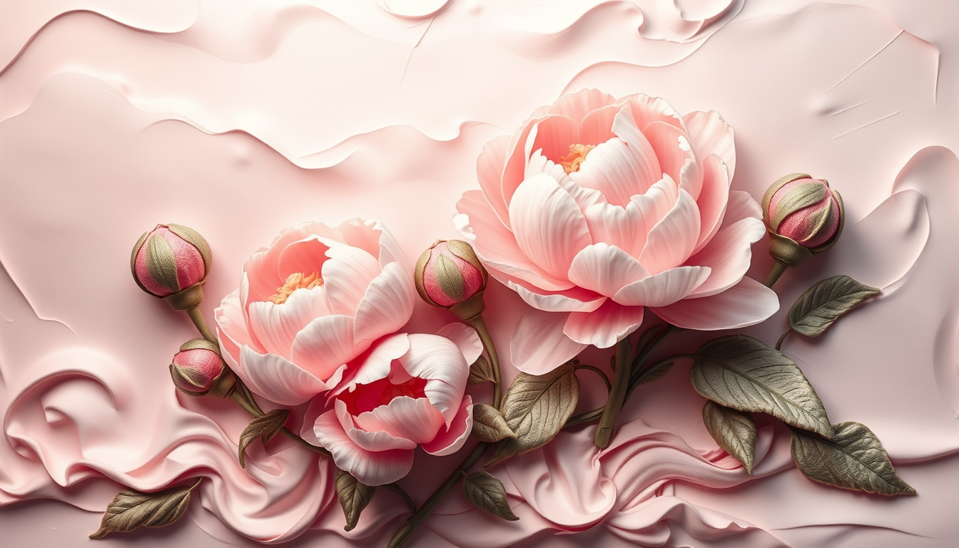 Stunning 3D bas-relief with realistic buds of peonies protruding above the surface of delicate silk, pastel tones. - Image