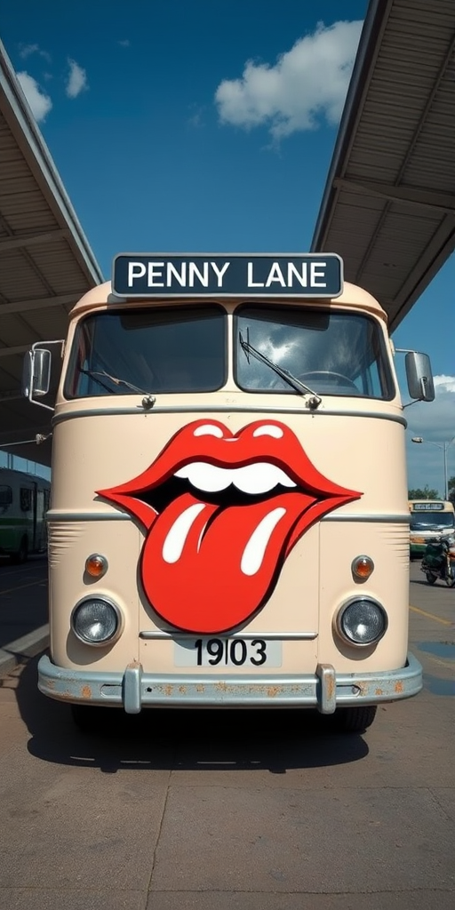 Surreal and whimsical image featuring a vintage bus parked at a bus station. The bus has a cream-colored exterior with a slightly weathered look, and the number '1903' is displayed on the front. The most striking feature is the large, exaggerated set of lips and teeth superimposed on the low front of the bus, resembling the Rolling Stones logo, with headlights as eyes giving it a cartoonish and humorous appearance. The bus station has a covered area with a high roof, and there are other buses and motorcycles visible in the background. The bus destination sign reads 'PENNY LANE' in white text on a black background. The overall scene is bright and clear, with a blue sky and some clouds visible. - Image