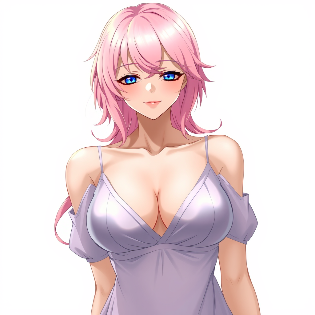 Anime art of a motherly woman, pink hair, dress, cleavage, natural reflective, detailed body, standing, white background, stunning details, trending on ArtStation, anime artwork, illustration quality, soft shadows - Image