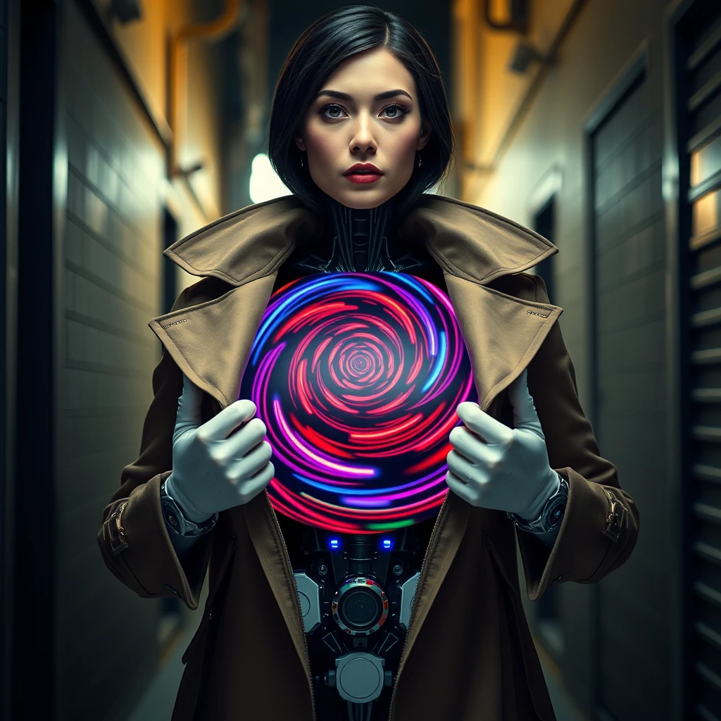 "A deceptive robot that looks like an ordinary woman from the head up, with a realistic human face framed by sleek, dark hair. She wears a long trench coat, and is captured in the act of opening it with both hands, revealing her true nature. Inside, instead of a human body, her torso is a massive, spinning hypnotic spiral with vibrant, swirling colors designed to mesmerize anyone who gazes upon it. The scene is set in a dimly-lit alleyway, emphasizing the shocking gesture as she unveils the mesmerizing spiral hidden beneath her coat."