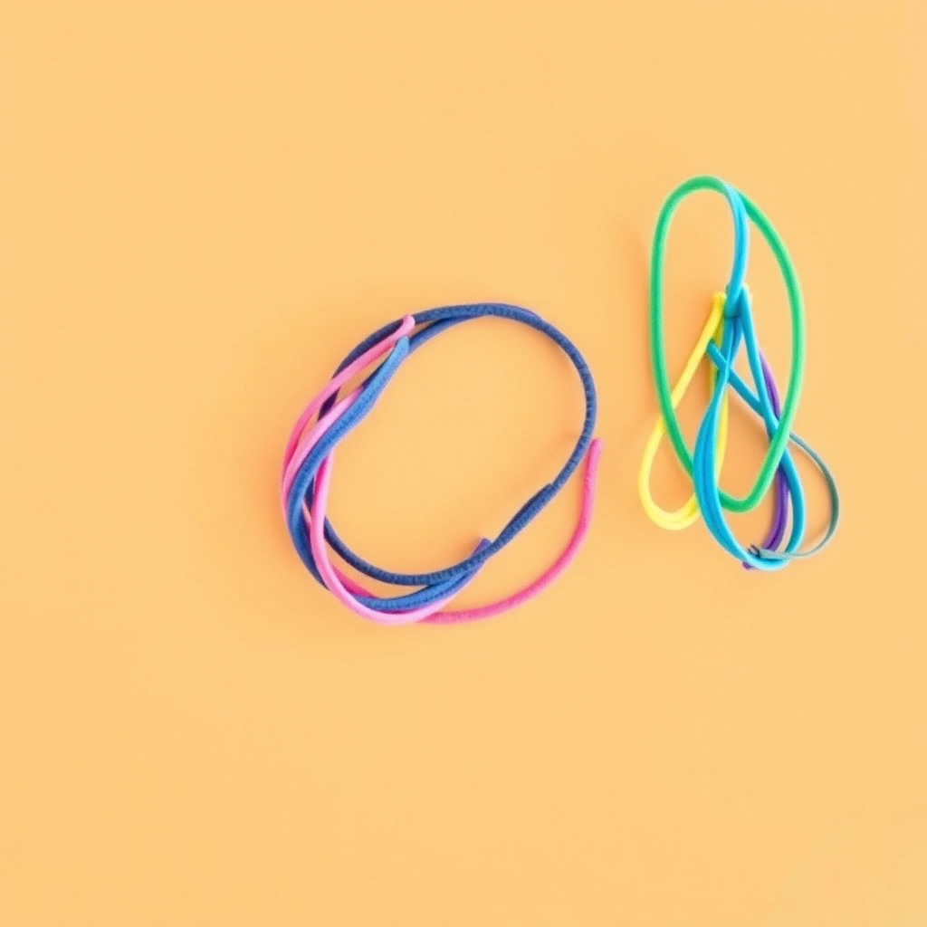 A "E" made of twisted colorful elastic bands on a light orange background, realistic photograph. - Image