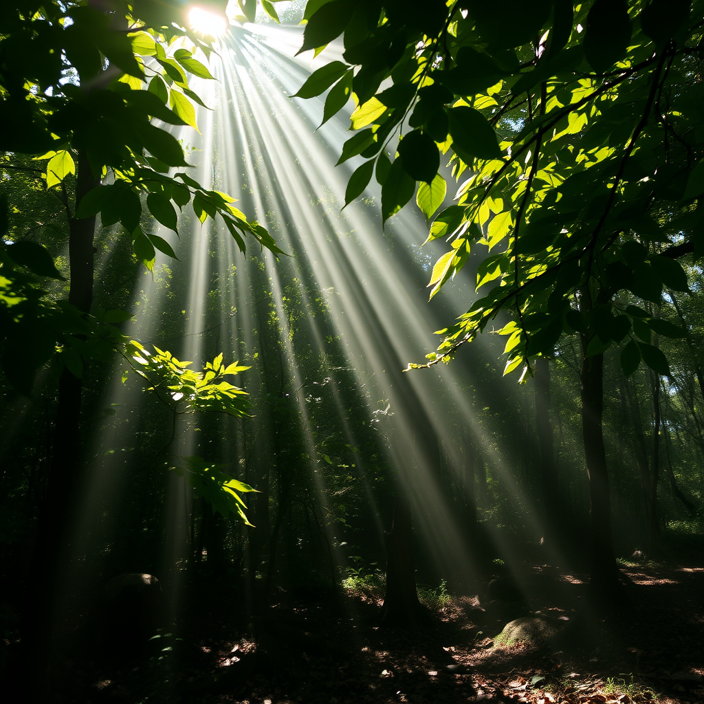 A sunlit forest where the beams of light pierce through the layers of leaves, creating sharp contrasts of light and shade. The light catches the dewdrops on the leaves, making them sparkle like diamonds. The forest floor is a mixture of bright patches and cool shadows. --q 2 --v 5