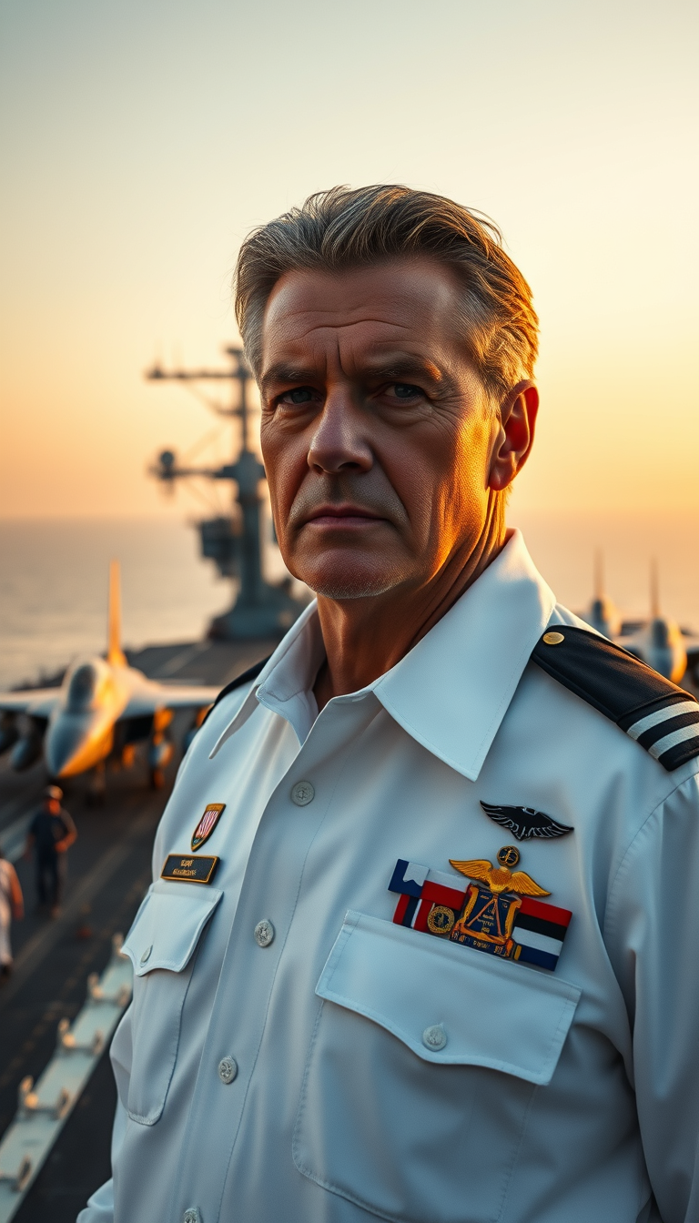 Main Character: A distinguished and weathered American Naval Admiral in his mid-40s, with a stern yet resolute expression, stands on the deck of an aircraft carrier. He is dressed in a crisp, impeccably maintained Navy uniform, adorned with numerous medals and decorations that speak to a long and decorated career. His posture is upright and commanding, reflecting his years of experience and authority. His gaze is fixed on the horizon, conveying a sense of focus and determination.

Background: The vast flight deck of a modern American aircraft carrier stretches out behind the Admiral. The scene is bustling with activity as sailors and crew members go about their duties. Fighter jets stand ready for takeoff, their sleek silhouettes adding to the powerful atmosphere. The vast ocean stretches out to the horizon, meeting the sky in a hazy line. The scene is bathed in the warm, golden light of either sunrise or sunset, creating a dramatic and visually stunning backdrop.

Visual Style: The visual style should be that of professional, cinematic photography, emphasizing realism and detail. The image should capture the immensity of the aircraft carrier and the vastness of the ocean, conveying the power and reach of the Navy. The lighting should be natural and dramatic, highlighting the Admiral's features and the details of his uniform. The overall tone should be one of strength, determination, and unwavering service. - Image