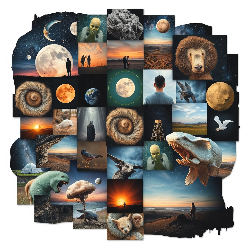 big collage of different weird images from dreams - Image