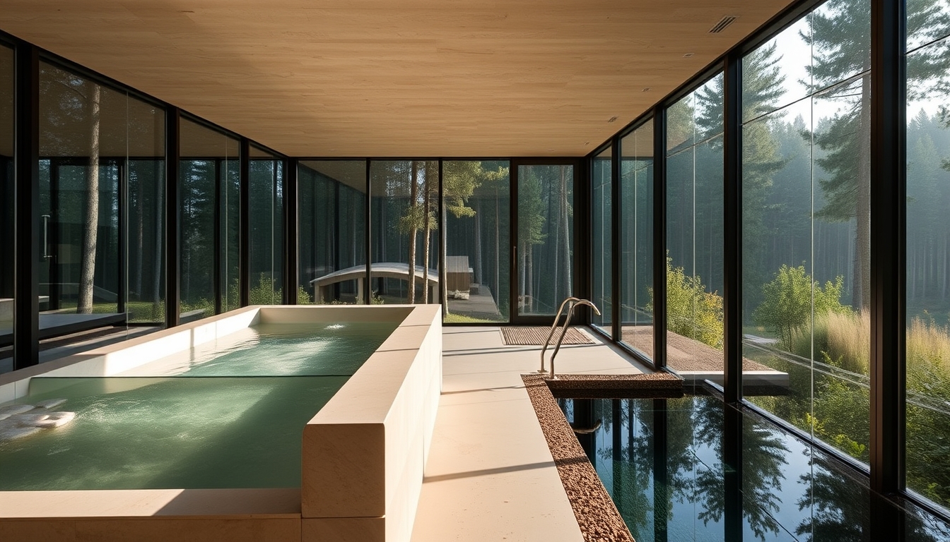 A luxurious spa with glass walls, overlooking a serene forest landscape.