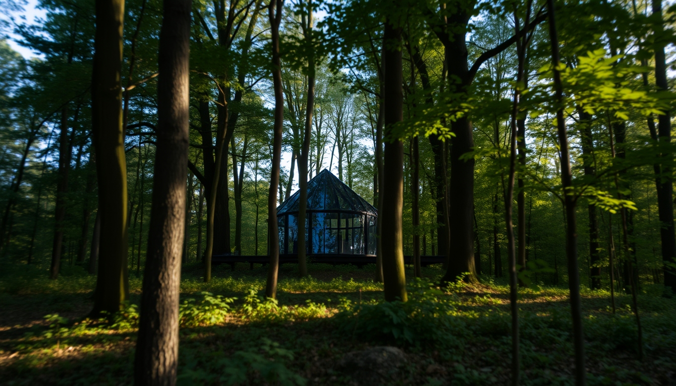 A tranquil forest scene with a hidden glass house blending into the surroundings.