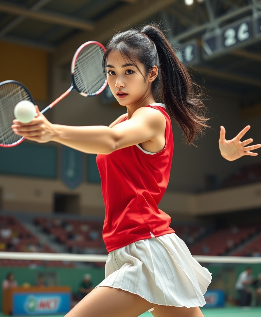 A detailed, realistic portrait of a young woman playing badminton in an indoor sports arena. The woman is wearing a bright red jersey and is mid-swing, her body in a dynamic, athletic pose as she focuses intently on the shuttlecock. The background is blurred, with glimpses of the court, net, and spectator stands visible. The lighting is natural and directional, creating shadows and highlights that accentuate the woman's features and muscular definition. The overall composition conveys a sense of energy, movement, and the intensity of the game. The image is highly detailed, with a photorealistic quality that captures the textures of the woman's clothing, skin, and the badminton equipment. A woman with a beautiful face like a Japanese idol, she is wearing a white pleated skirt. Badminton rackets and shuttlecocks with dynamic swings and motion blur. Depiction of the human body with a flawless personality. - Image