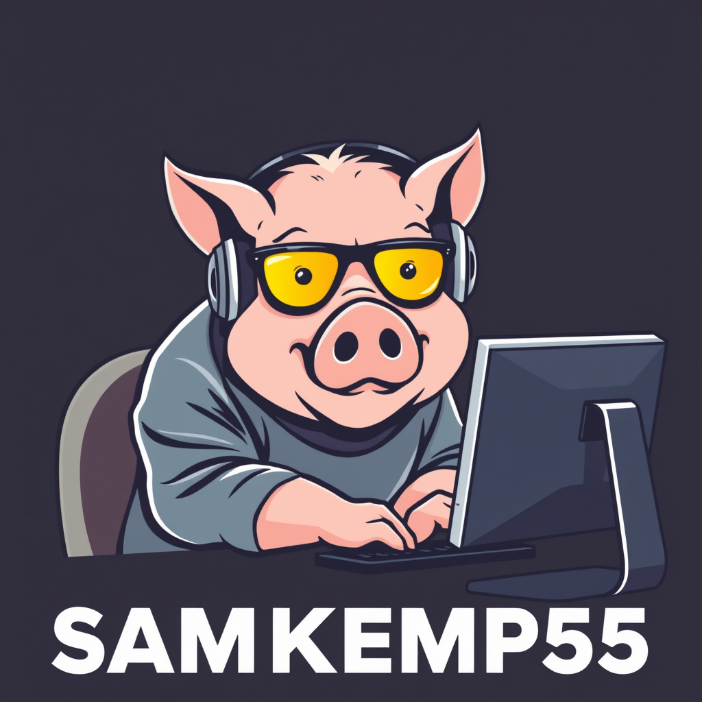 A tech-savvy porcine coder, donning yellow-tinted glasses and sleek noise-cancelling headphones, hunches over a cutting-edge multi-monitor setup. The anthropomorphic pig exudes focus, typing furiously. Design a minimalist logo for "SAMKEMP55", emphasizing clean lines and a futuristic feel. - Image