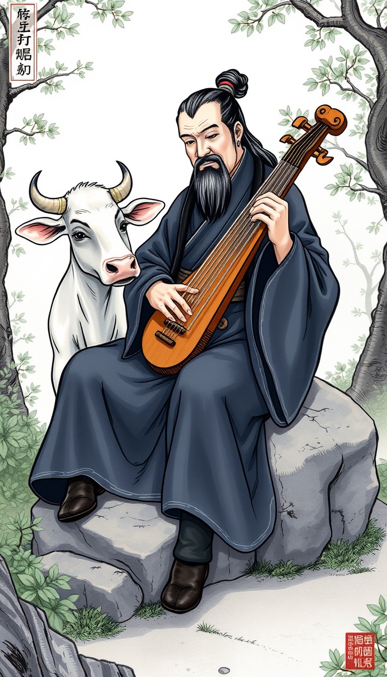 Gong Mingyi, dressed in traditional Chinese robes, sits beside the cow on a rock, starting to play his qin with dedication and passion. His serene expression and graceful posture contrast with the cow's indifferent demeanor. The scene captures the serenity of nature with detailed plants and trees around. (illustration style, traditional Chinese art)