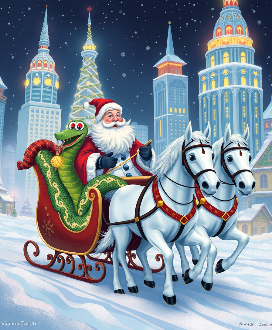 'Russian Snow Grandfather rides in a festive sleigh with a cute Christmas snake, pulled by three white horses through a futuristic city decorated with Christmas lights. Illustration by Vladimir Zarubin.' - Image