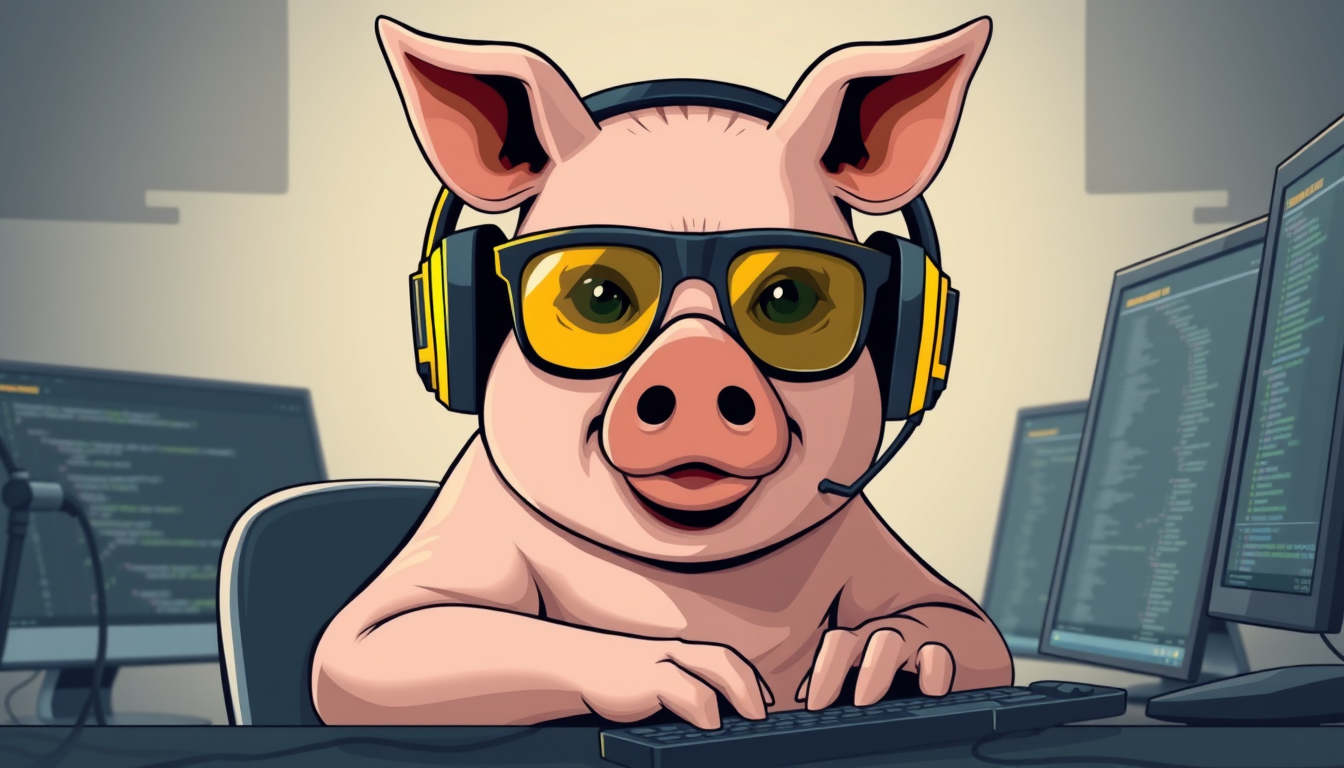 A tech-savvy pig coder, wearing yellow-tinted glasses and sleek noise-canceling headphones, hunches over a cutting-edge multi-monitor setup. The anthropomorphic pig exudes focus, typing furiously.