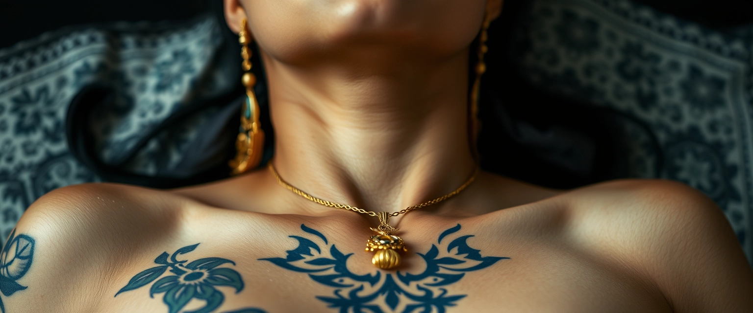 Close-up view of the tattooed chest of a fair-skinned Korean Indian woman with beautiful facial features and blue eyes, wearing gold ornaments, lying down and looking upwards.