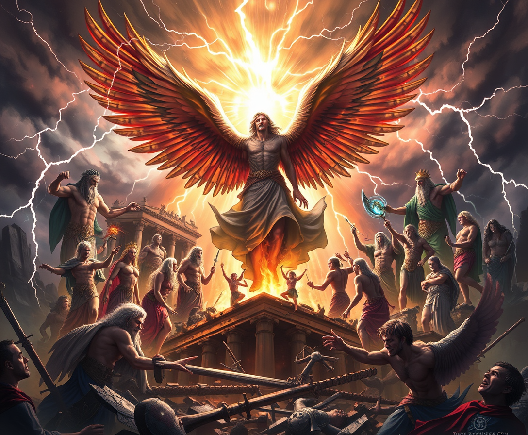 {
  "prompt": "An angel punishing the gods of Olympus",
  "style": "Epic and dramatic",
  "color_scheme": "Dark and ominous with flashes of divine light",
  "composition": "An angel in the center, surrounded by the gods of Olympus in various states of defeat",
  "subjects": "An angel, Zeus, Hera, Poseidon, Hades, Athena, Apollo, and other Olympian gods",
  "background": "Stormy sky with lightning, Olympus in ruins",
  "lighting": "High contrast with divine light from the angel, casting shadows on the gods",
  "mood": "Powerful, vengeful, and dramatic",
  "reference_images": ["https://example.com/angel.jpg", "https://example.com/olympus_gods.jpg"],
  "resolution": "1920x1080"
} - Image