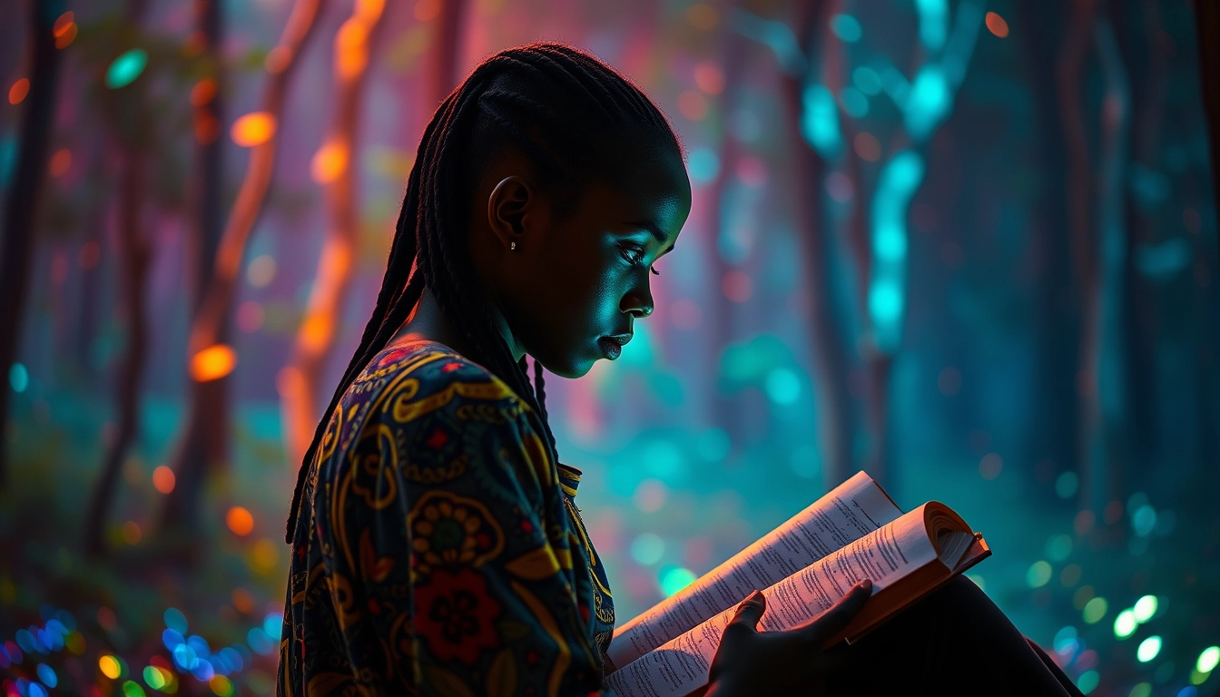 portrait | shot from the side, lucid dream-like Rwandan girl sitting reading the Bible, | glowing ::8 background | forest, vivid neon wonderland, particles, blue, green, orange ::7 parameters | rule of thirds, golden ratio, asymmetric composition, hyper-maximalist, octane render, photorealism, cinematic realism, unreal engine, 8k ::7 --ar 16:9 --s 1000