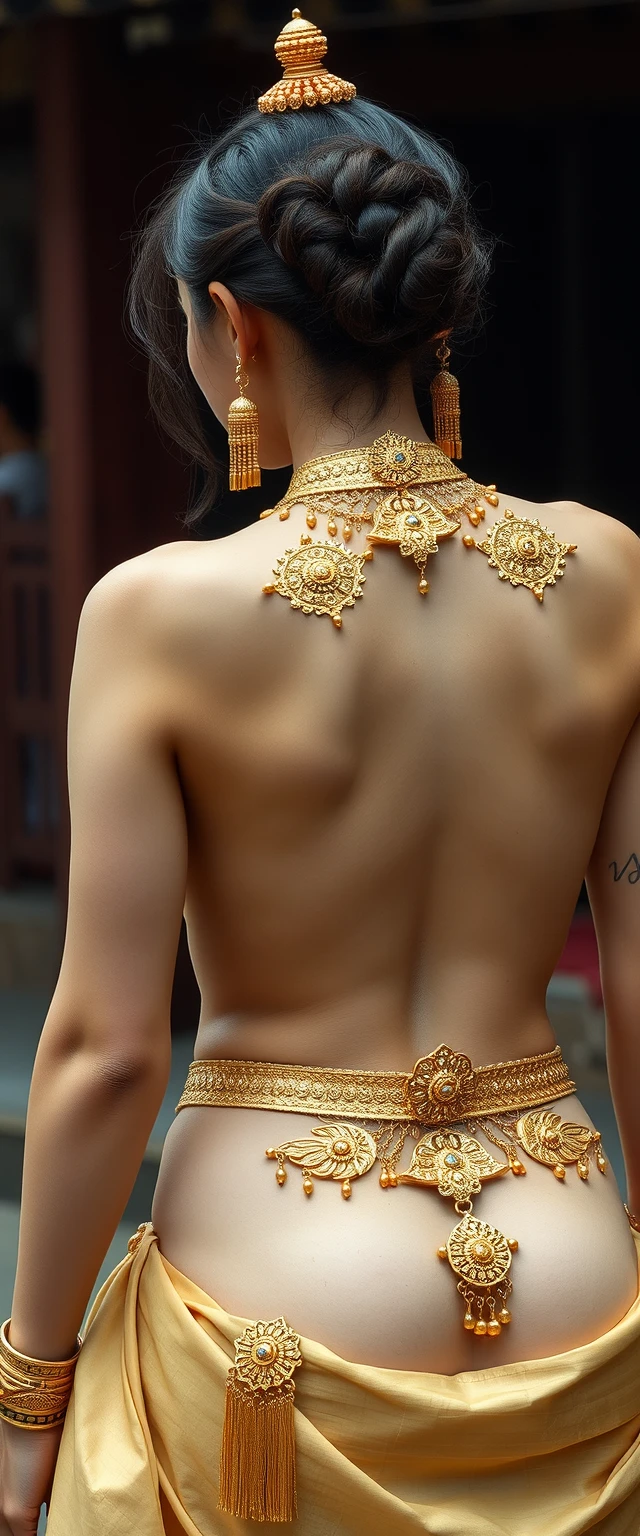 Back of white-skinned Korean Indian busty women wearing gold ornaments on their breasts and waists.