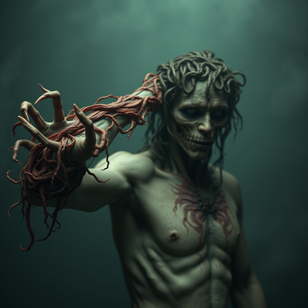 Man with an arm made out of fleshy tendrils, body horror. - Image