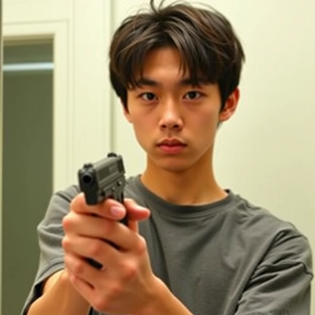 A young man is holding a handgun while looking in the mirror. Note, he is Japanese.