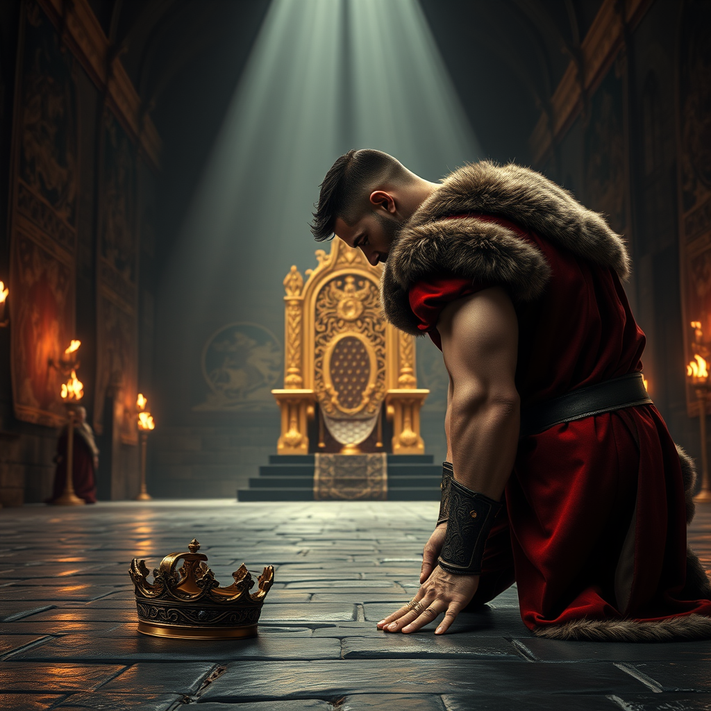 Main Character: A handsome and muscular king in his late 30s, with short, dark hair and a chiseled jawline. He wears a regal crimson robe trimmed with ermine fur, a heavy gold crown rests on the floor beside his bowed head. His powerful frame trembles slightly as he kneels, his head touching the cold stone floor, his back towards the viewer.

Background: The immense hall of a medieval castle, lit by flickering torches that cast long, dancing shadows across the scene. Intricate tapestries depicting scenes of heroic battles and mythical creatures adorn the stone walls. At the far end of the hall, bathed in the warm glow of the torches, sits a massive golden throne, its surface intricately carved with scenes of past kings and mythical beasts.

Visual Style: Photorealistic, captured with a shallow depth of field to focus on the king's submission before the grandeur of the throne. The lighting should be dramatic and moody, emphasizing the power and weight of the throne while also highlighting the vulnerability of the king in his pose. The overall color palette should be rich and dark, with the deep reds and golds of the king's robe and the throne contrasting against the cool grays of the stone walls. - Image