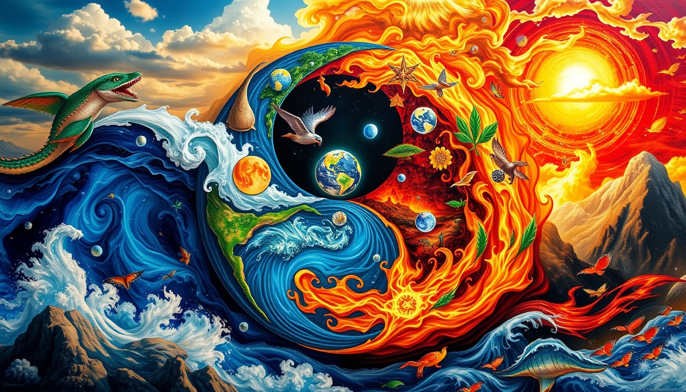 wallpaper art, yin and yang symbol, filled with scenes and examples of the 4 elements, earth, water, fire, air, vivid colors, positive emotional filled, - Image