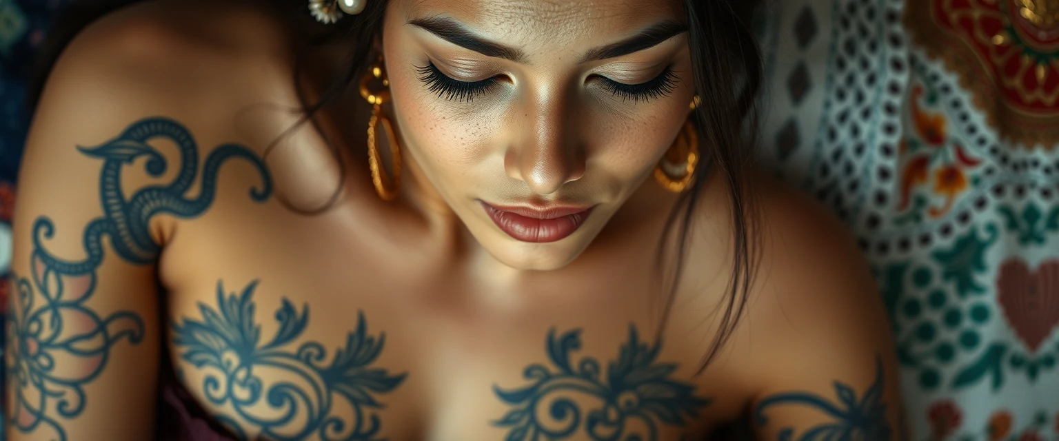 Close-up view of the tattooed chest of a fair-skinned Korean-Indian woman with beautiful facial features and blue eyes, wearing gold ornaments, lying down with her face hanging down. - Image